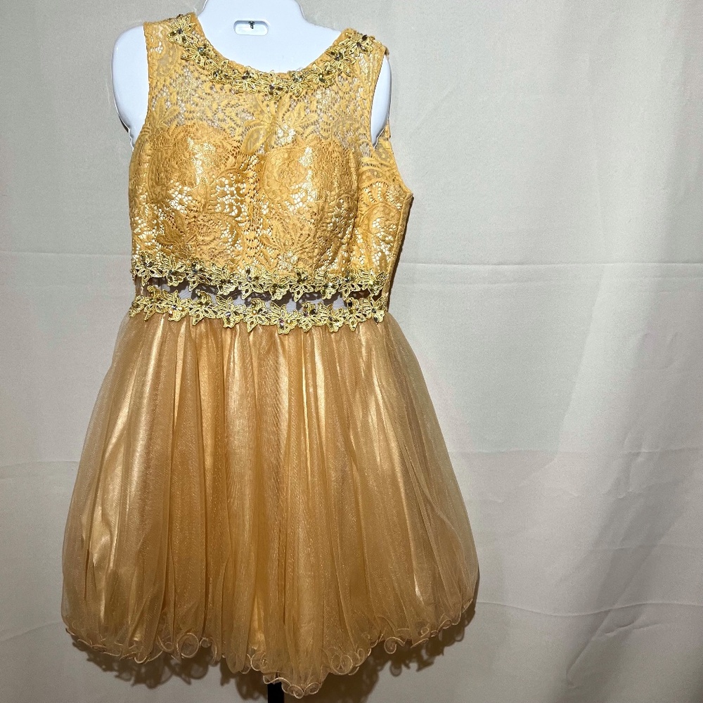 formal dress color light gold with lace top/ designer Cindy Collection size Med.
